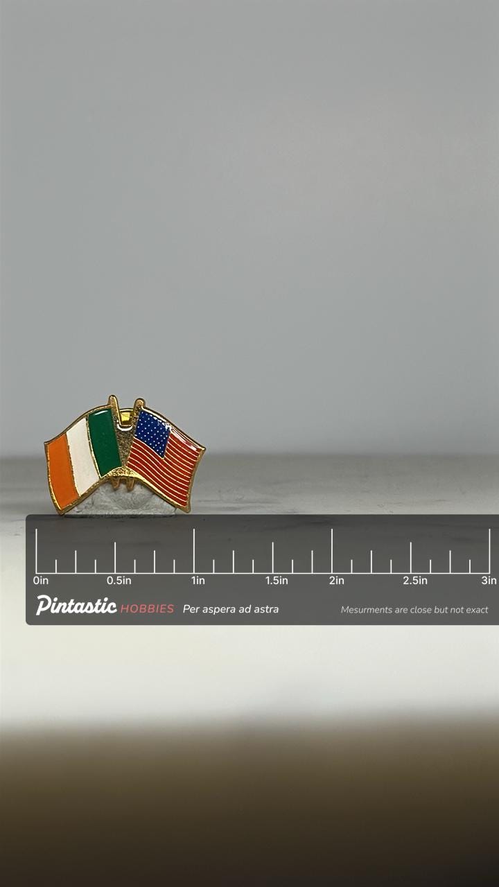 Ireland USA Flag Pin: Gold Tone Enamel - Patriotic Accessory with ruler overlay for size reference