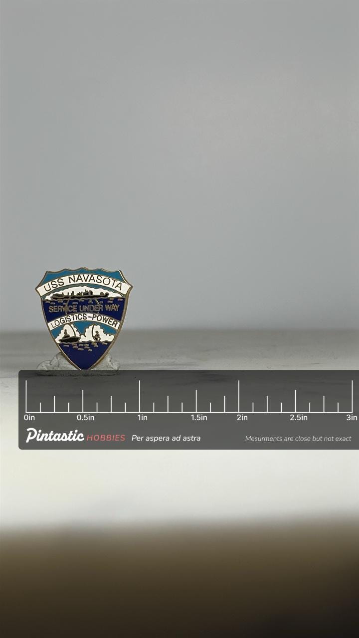 USS Navasota Military Pin: Shield Shape Enamel - Naval Service Accessory with ruler overlay for size reference