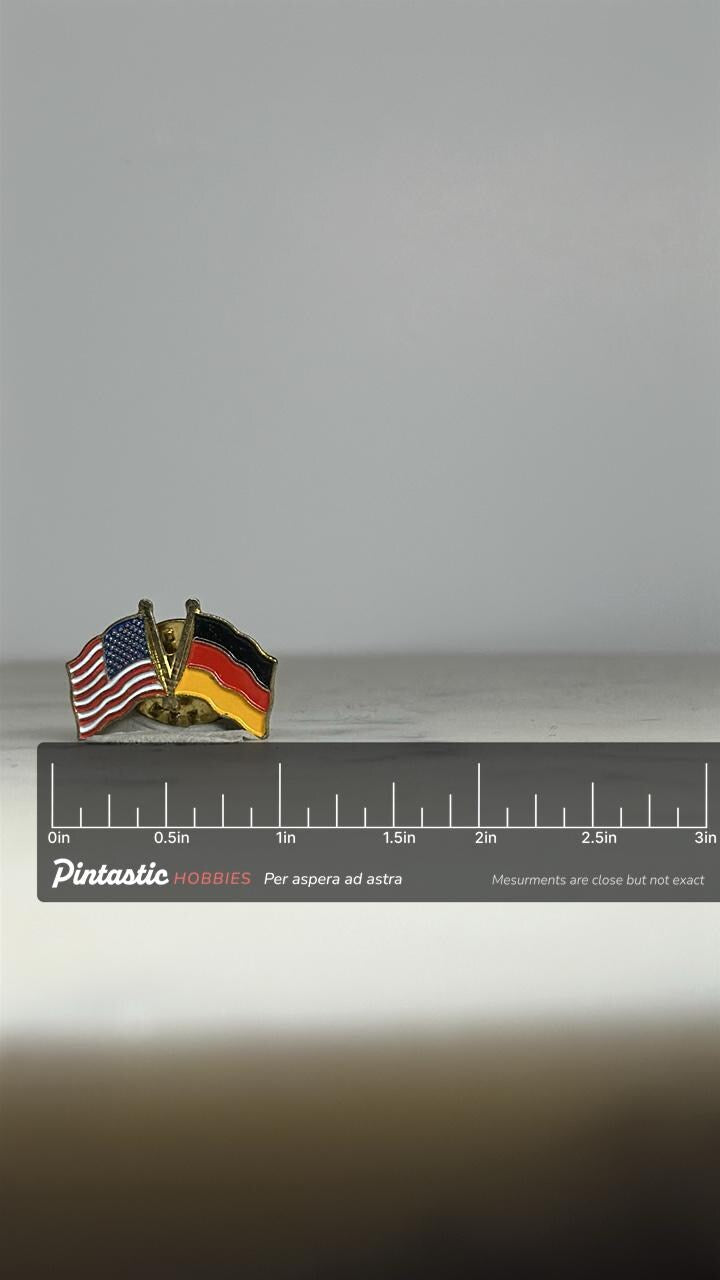 USA Germany Flag Pin: Gold Tone Enamel - International Friendship Accessory with ruler overlay for size reference