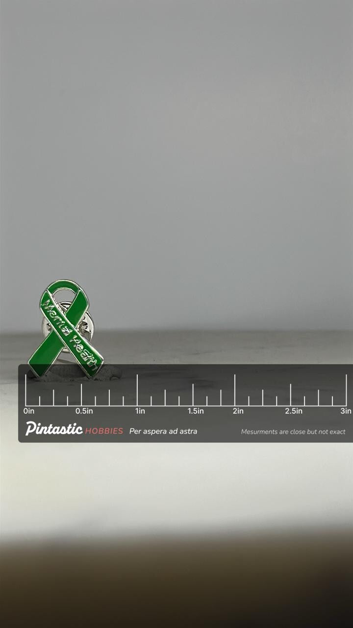 Mental Health Awareness Pin: Green Enamel Ribbon - Support Advocate Accessory with ruler overlay for size reference