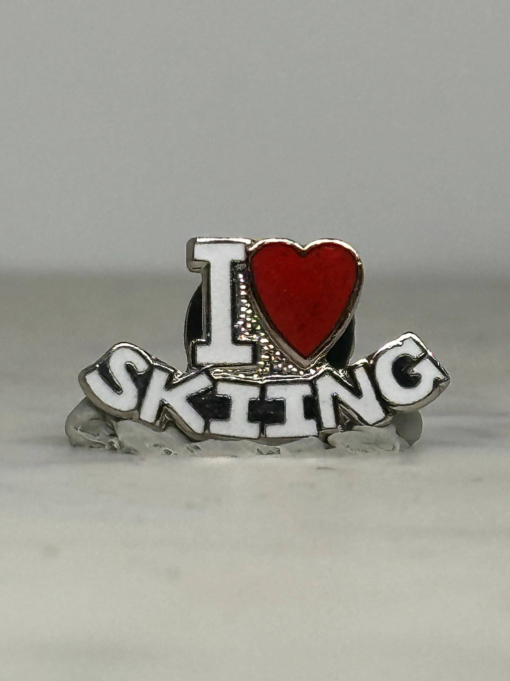 I Love Skiing Enamel Pin: Silver-Tone Red Heart - Retro Sports Accessory