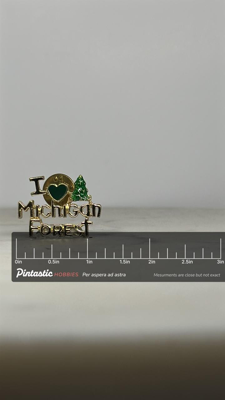 Michigan Forest Enamel Pin: Gold & Green Souvenir - Vintage Nature Accessory with ruler overlay for size reference