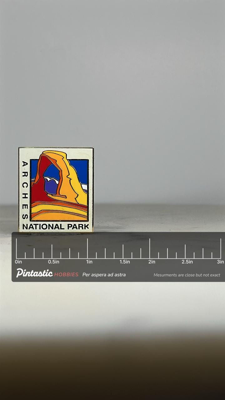 Arches National Park Enamel Pin: Bold Retro Colors - Travel Souvenir Accessory with ruler overlay for size reference
