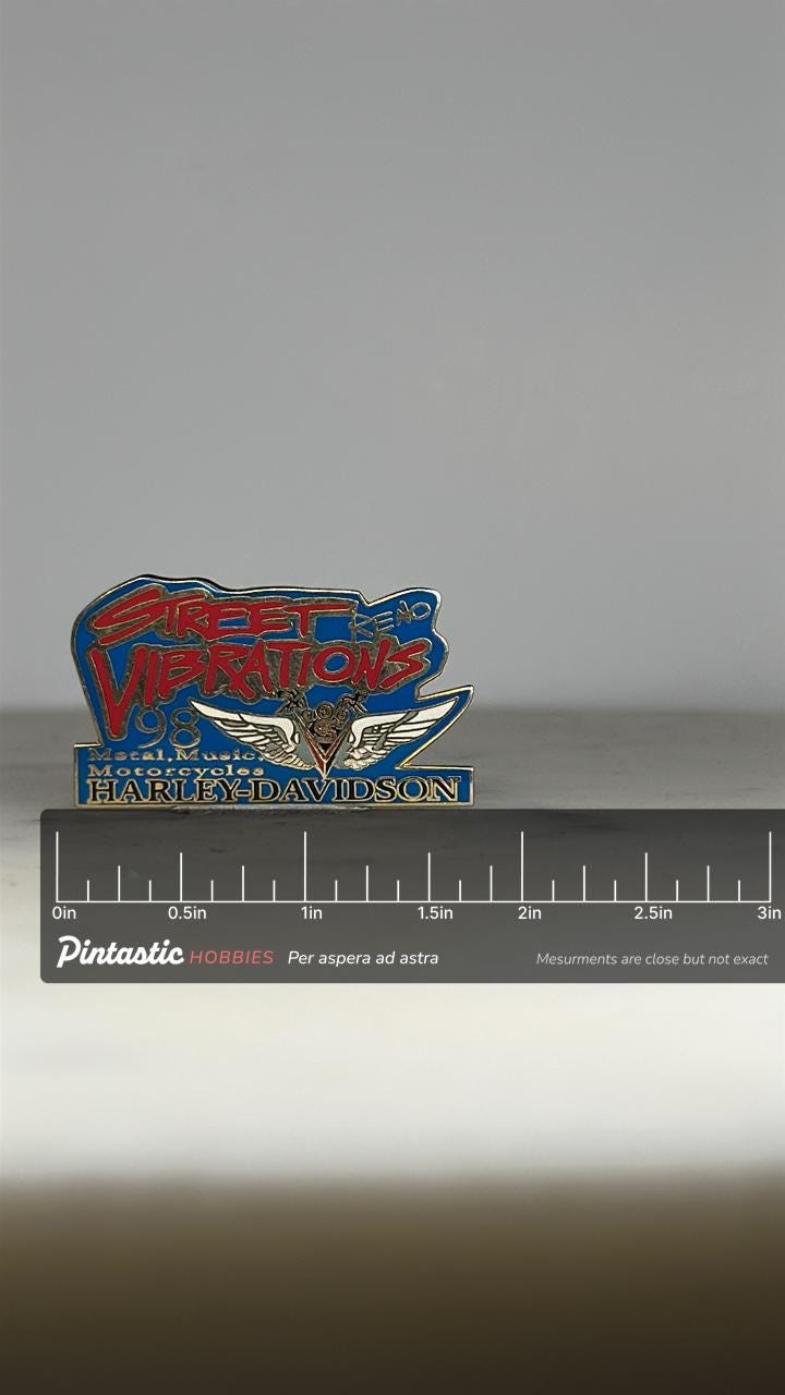 Street Vibrations Harley-Davidson Pin: Bold Colors Enamel - 1998 Motorcycle Rally Accessory with ruler overlay for size refer