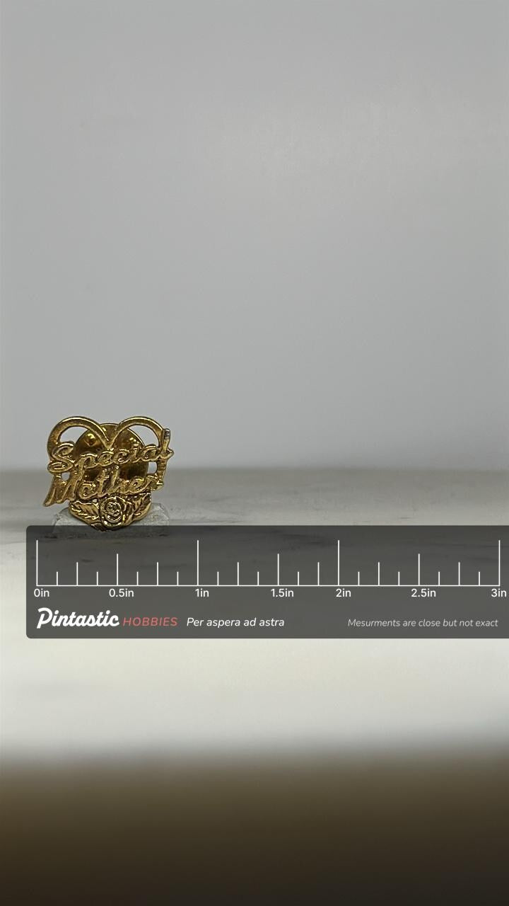 Special Mother Lapel Pin: Gold Tone Script - Vintage Gift Accessory with ruler overlay for size reference