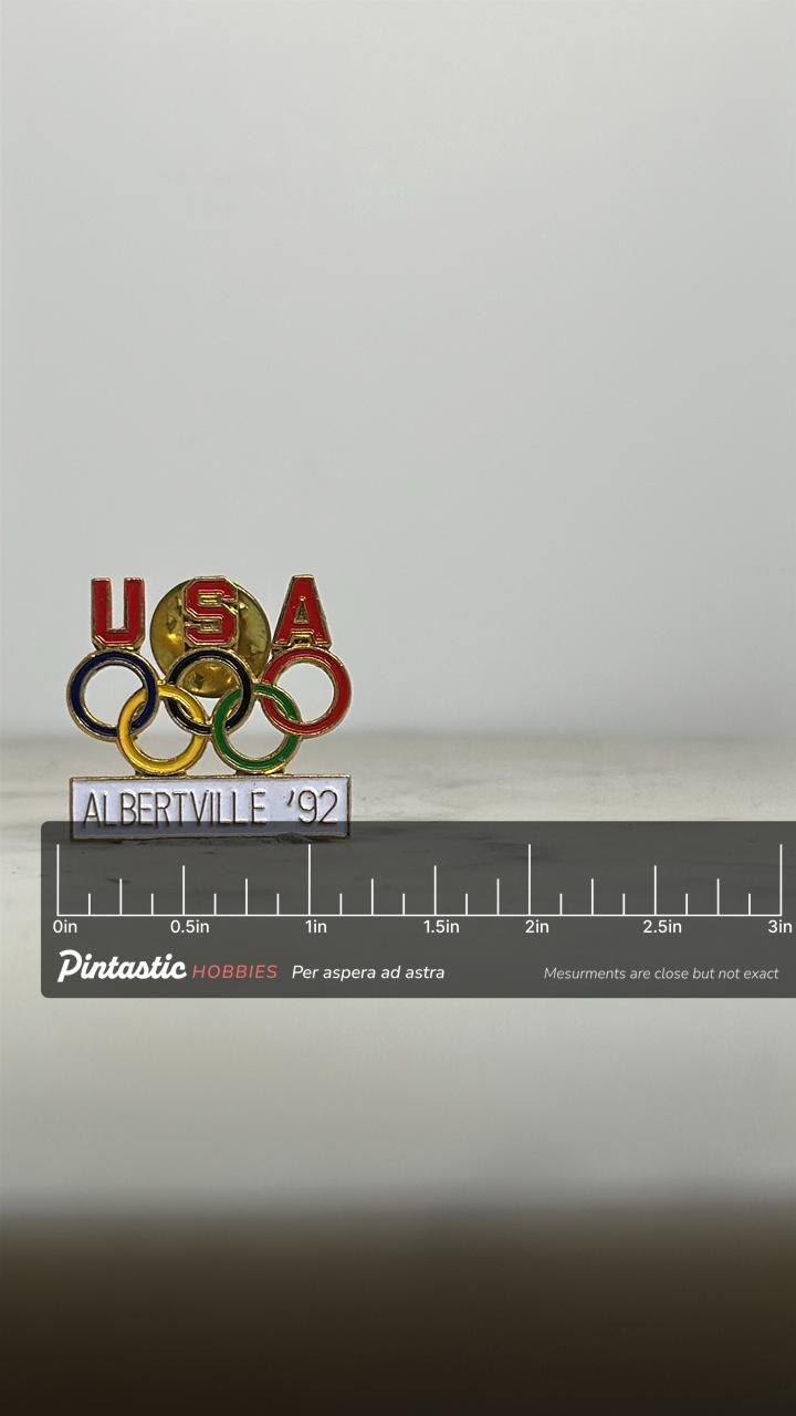 USA Olympic Enamel Pin: Red/Gold Rings - Albertville '92 Accessory with ruler overlay for size reference