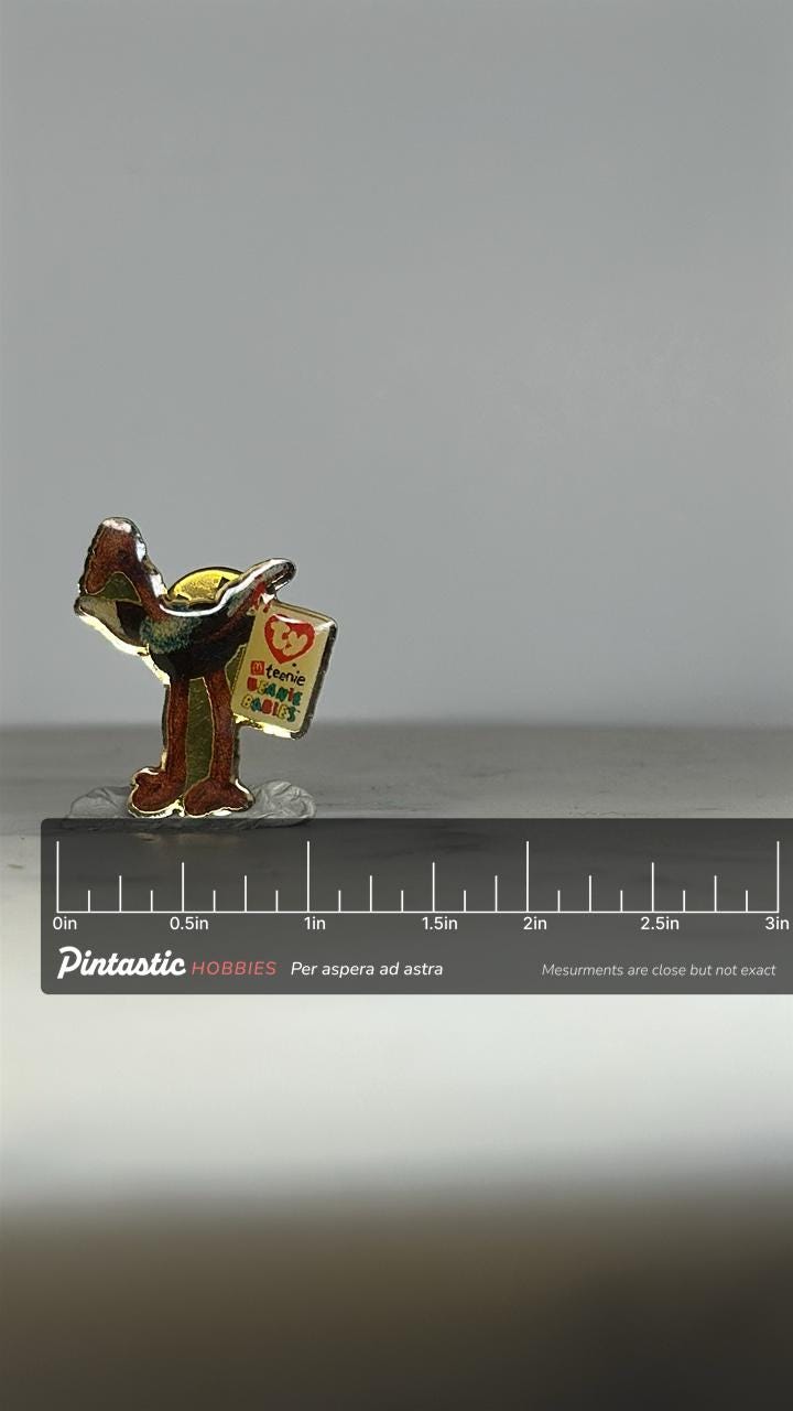 Teenie Beanie Babies Pin: Multicolor Enamel - 1990s Toy Collectible Accessory with ruler overlay for size reference