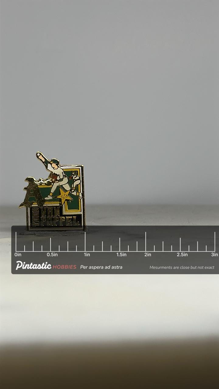 Todd Van Poppel Baseball Pin: Gold & Green Enamel - 1990s Sports Accessory with ruler overlay for size reference