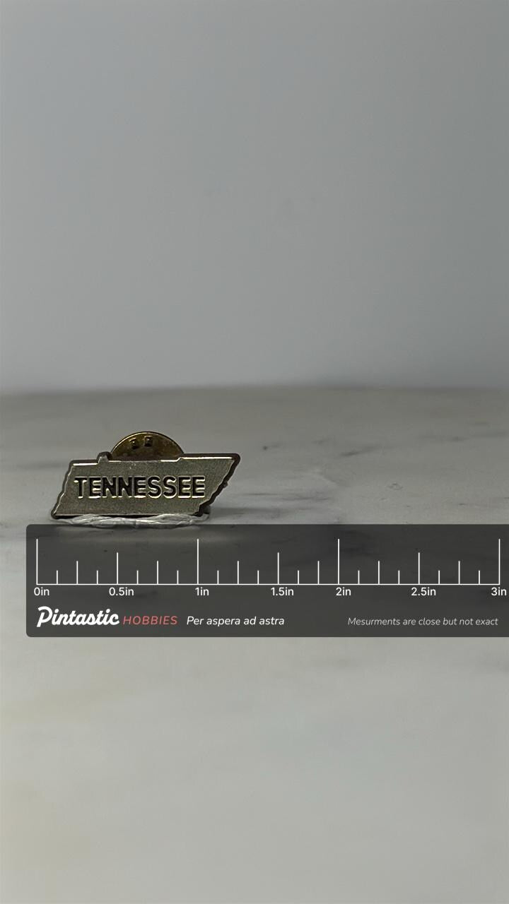 Tennessee State Shaped Pin: Silver Tone Metal - Travel Souvenir Accessory with ruler overlay for size reference