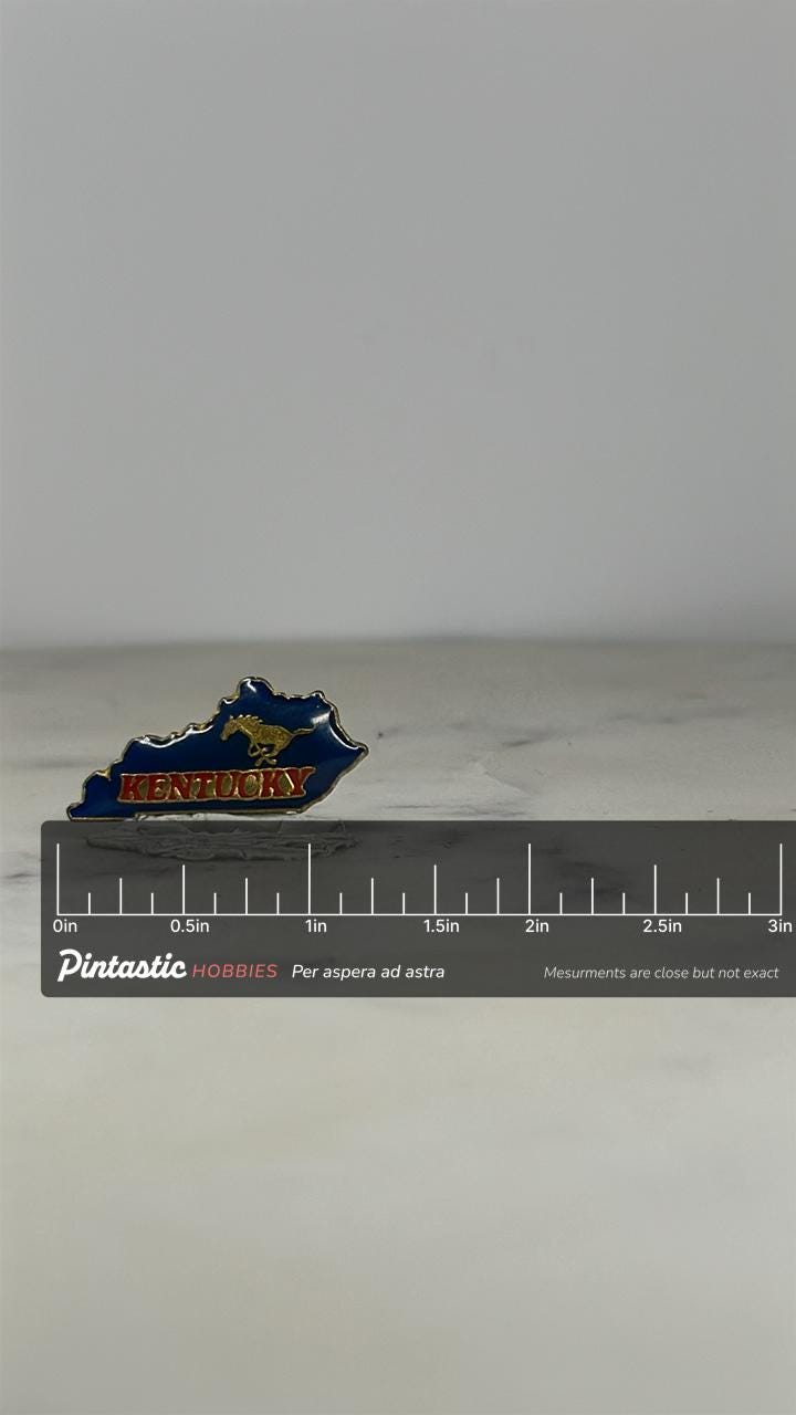 Kentucky State Pin: Blue Enamel with Horse - Travel Souvenir Accessory with ruler overlay for size reference