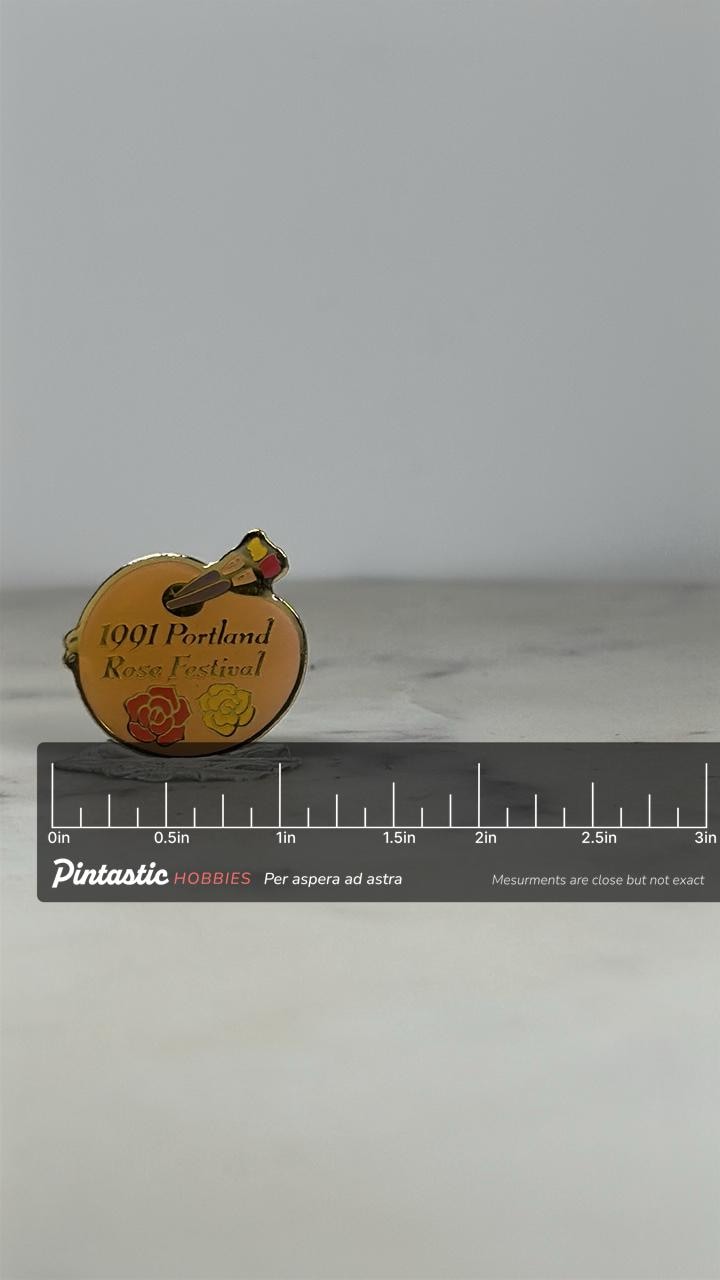 1991 Portland Rose Festival Pin: Gold Enamel Palette - Vintage Event Accessory with ruler overlay for size reference
