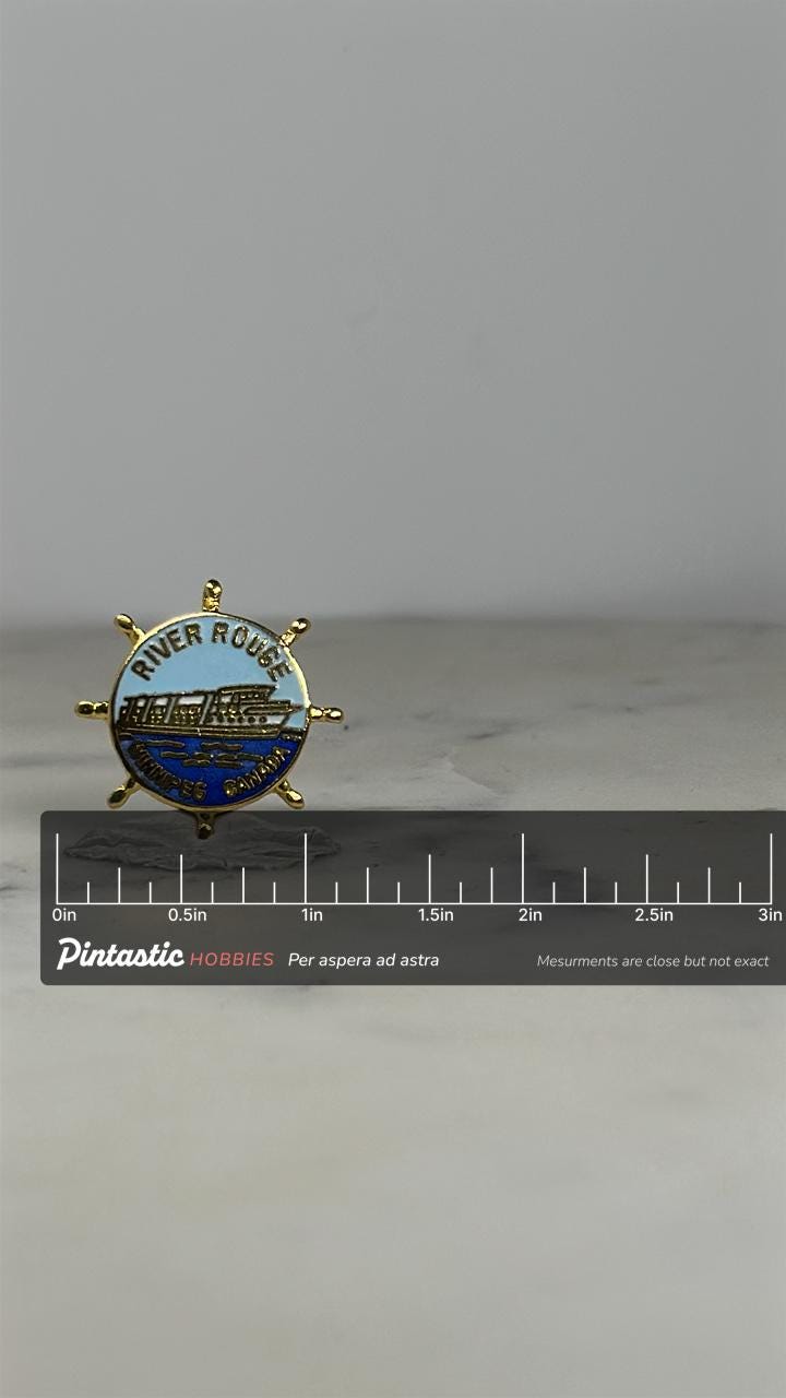 River Rouge Lapel Pin: Gold Enamel Ship Wheel - Winnipeg Canada Souvenir with ruler overlay for size reference