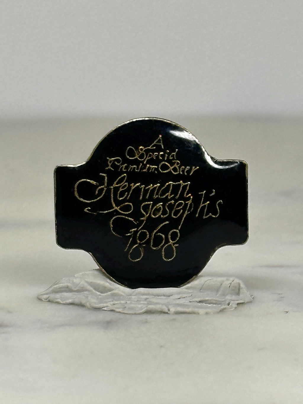 Herman Joseph’s Beer Pin: Black Enamel Gold Script - Brewery Collectible Accessory