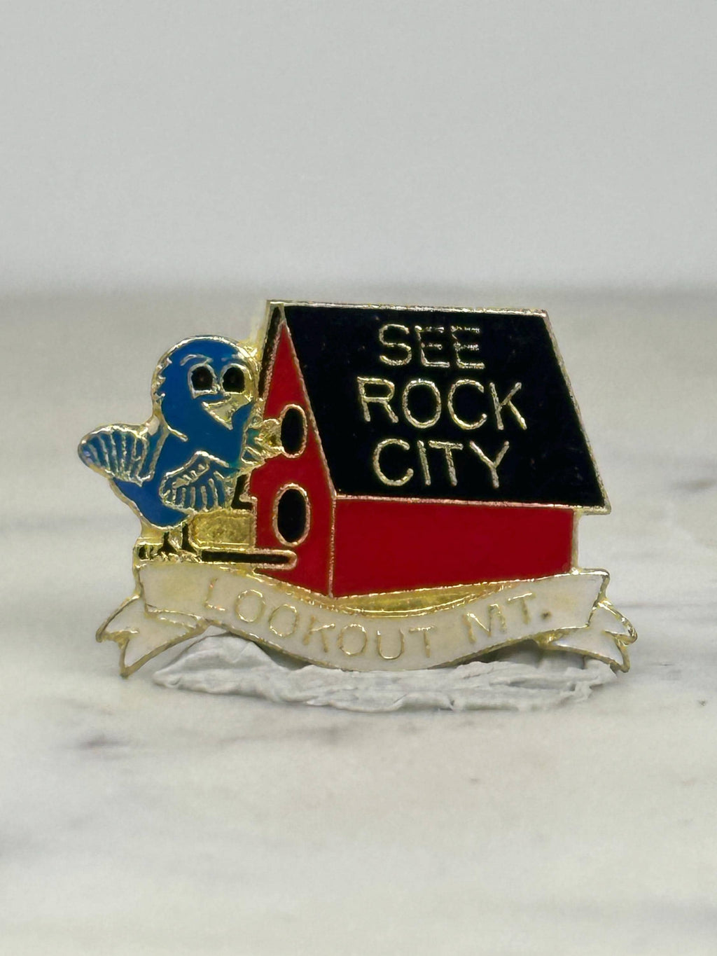 Rock City Lookout Mountain Pin: Enamel Birdhouse - Vintage Travel Souvenir