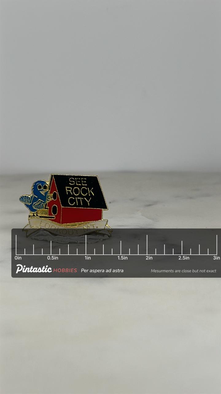 Rock City Lookout Mountain Pin: Enamel Birdhouse - Vintage Travel Souvenir with ruler overlay for size reference