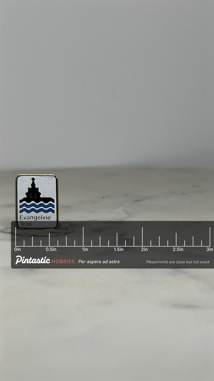 Evangeline Trail Pin: White Enamel & Gold Tone - Travel Souvenir Accessory with ruler overlay for size reference