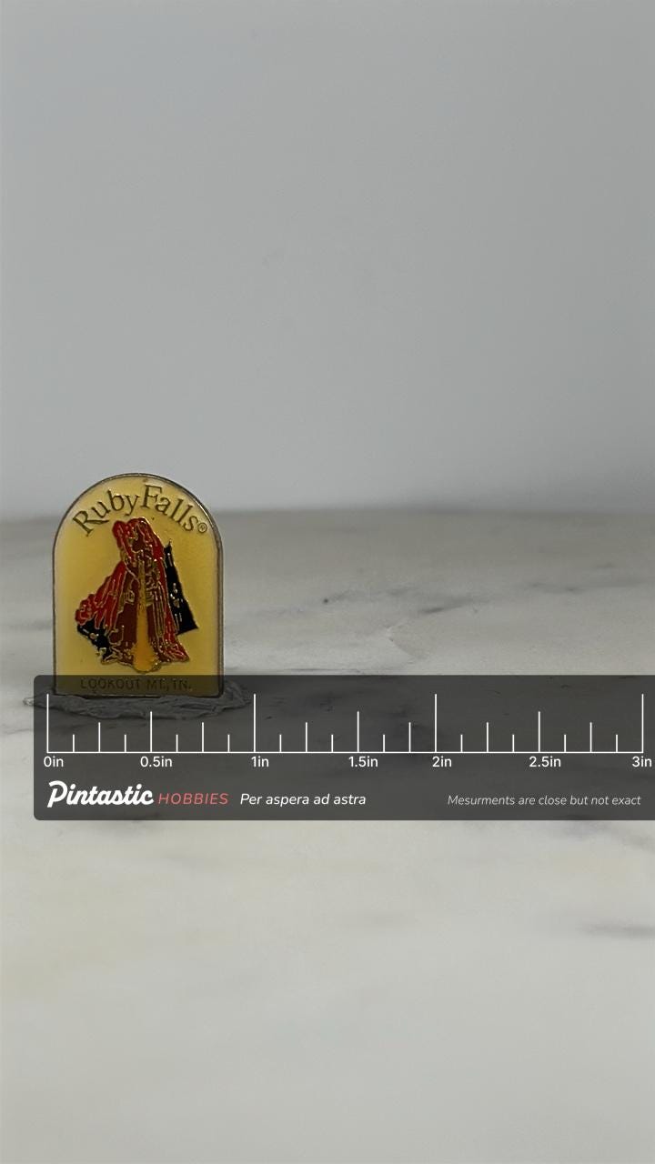 Ruby Falls Souvenir Pin: Yellow Enamel - Vintage Travel Accessory with ruler overlay for size reference