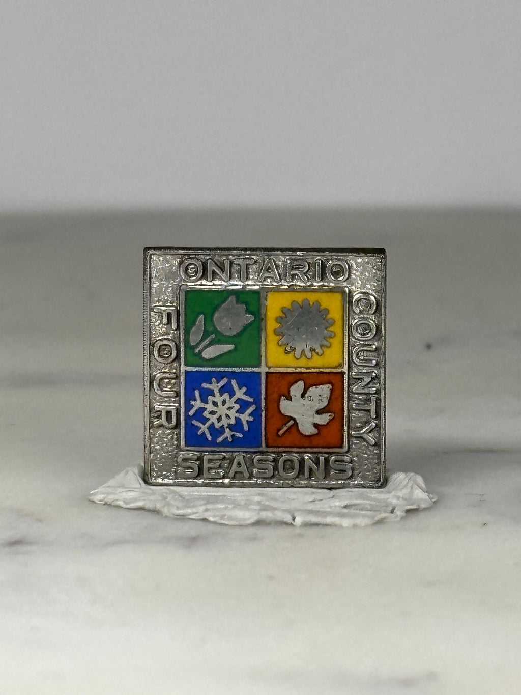 Ontario County Four Seasons Pin: Silver Enamel Square - Vintage Travel Accessory