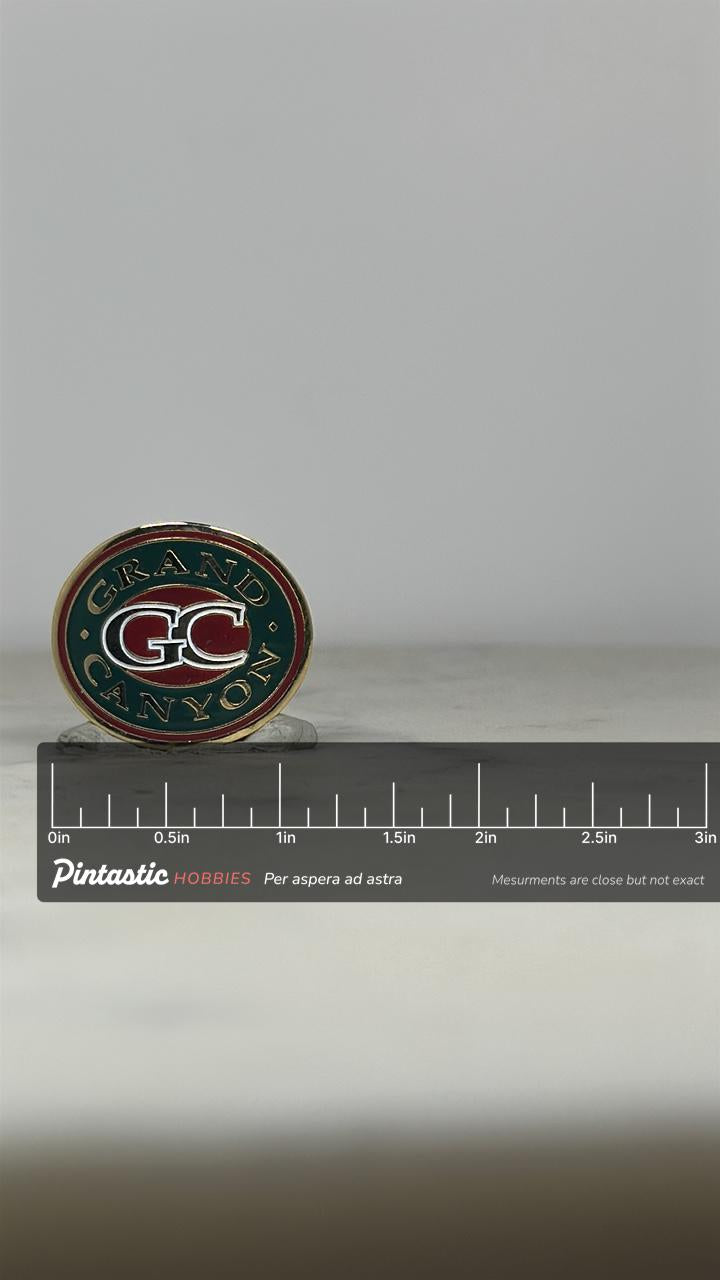 Grand Canyon Souvenir Pin: Red Green Gold Enamel - Vintage Travel Accessory with ruler overlay for size reference