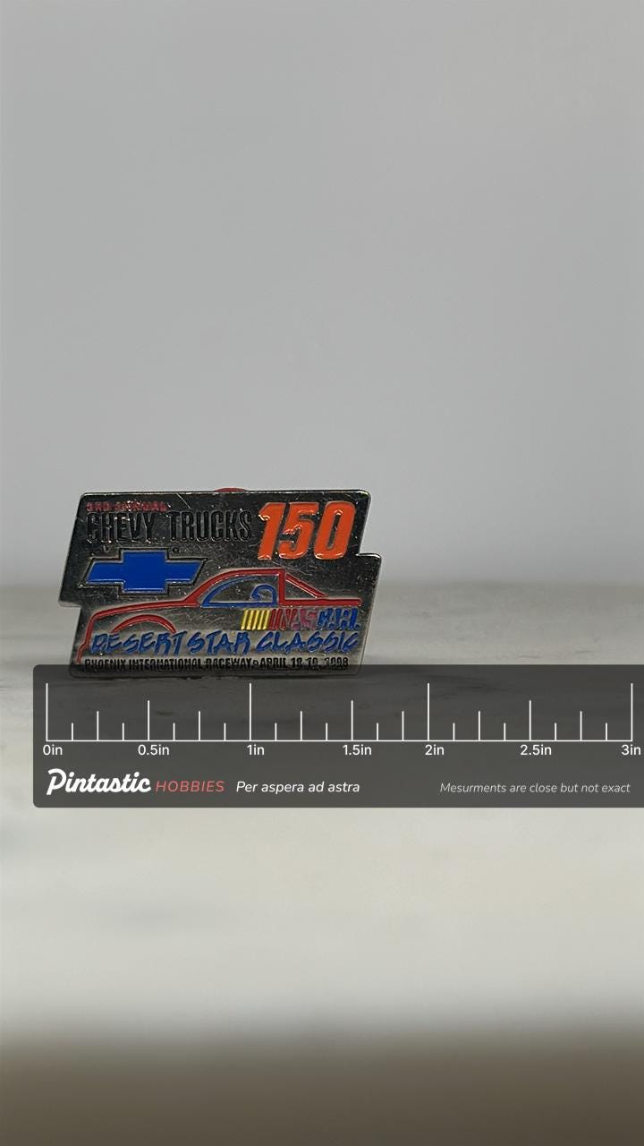 NASCAR Chevy Trucks 150 Pin: Red Blue Enamel - 1998 Racing Accessory with ruler overlay for size reference