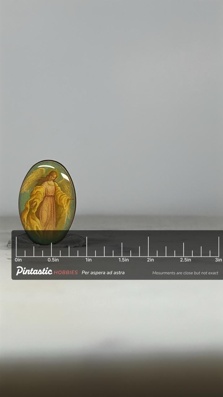 Guardian Angel Oval Pin: Pastel Color Finish - Vintage Religious Accessory with ruler overlay for size reference