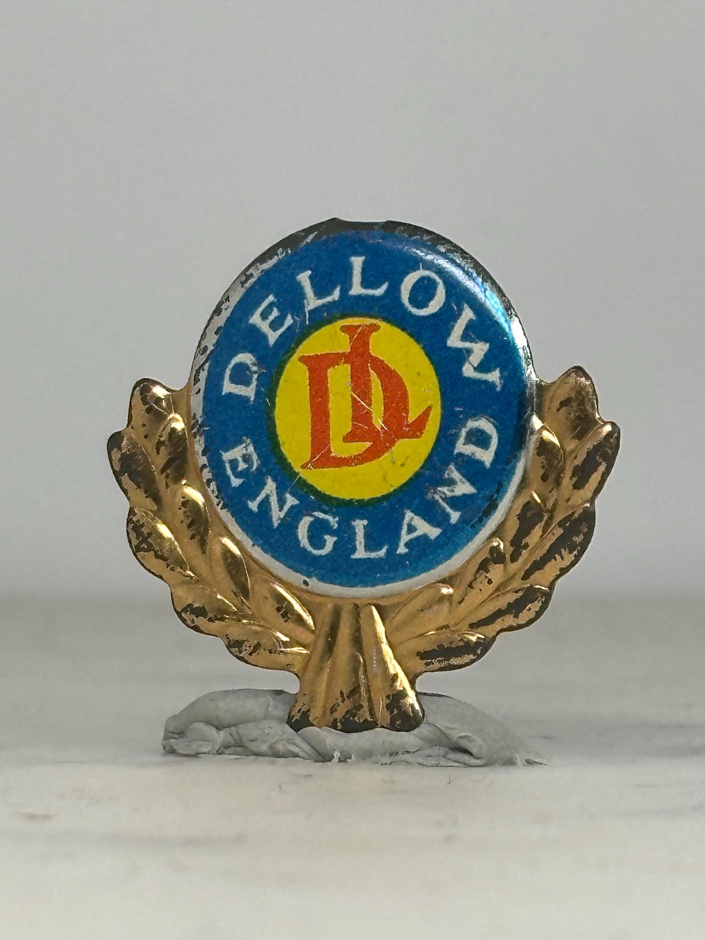 Dellow England Car Emblem Pin: Blue/Gold Enamel - Vintage Auto Accessory