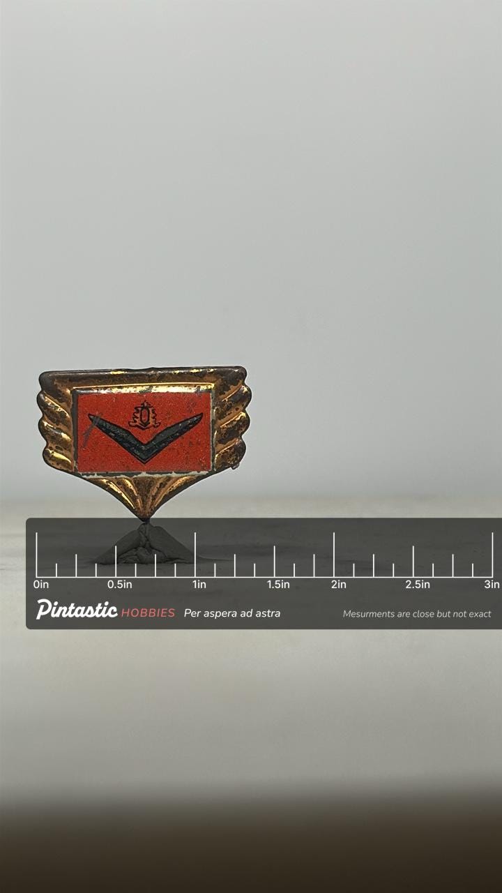Vintage Chrysler Motor Car Emblem Pin – 1930s–1940s Red Enamel Dealership Lapel Pin with ruler overlay for size reference
