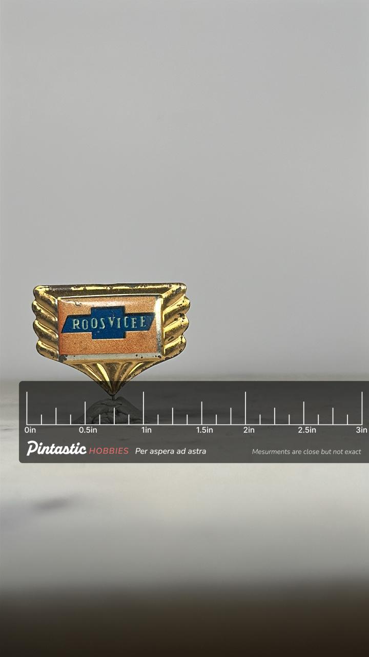 Roosvicee Company Pin: Gold & Red Enamel - Mid-Century Accessory with ruler overlay for size reference