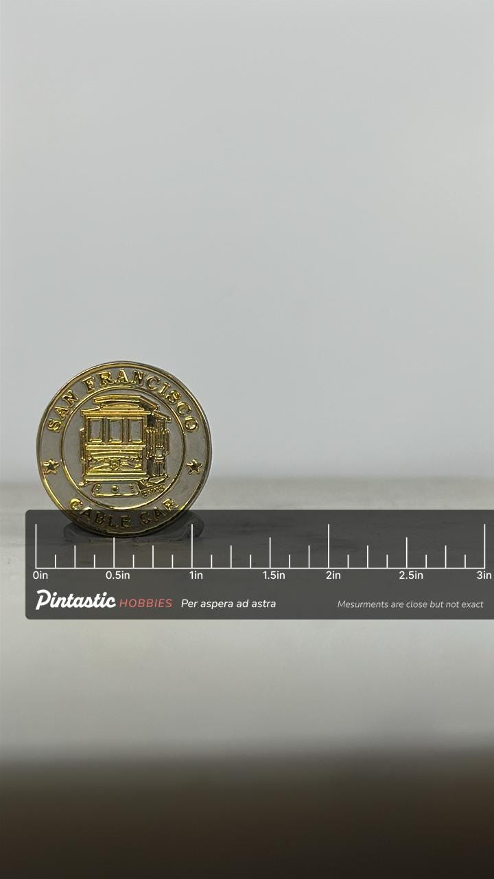 San Francisco Cable Car Pin: Gold-Tone Enamel - Vintage Travel Accessory with ruler overlay for size reference