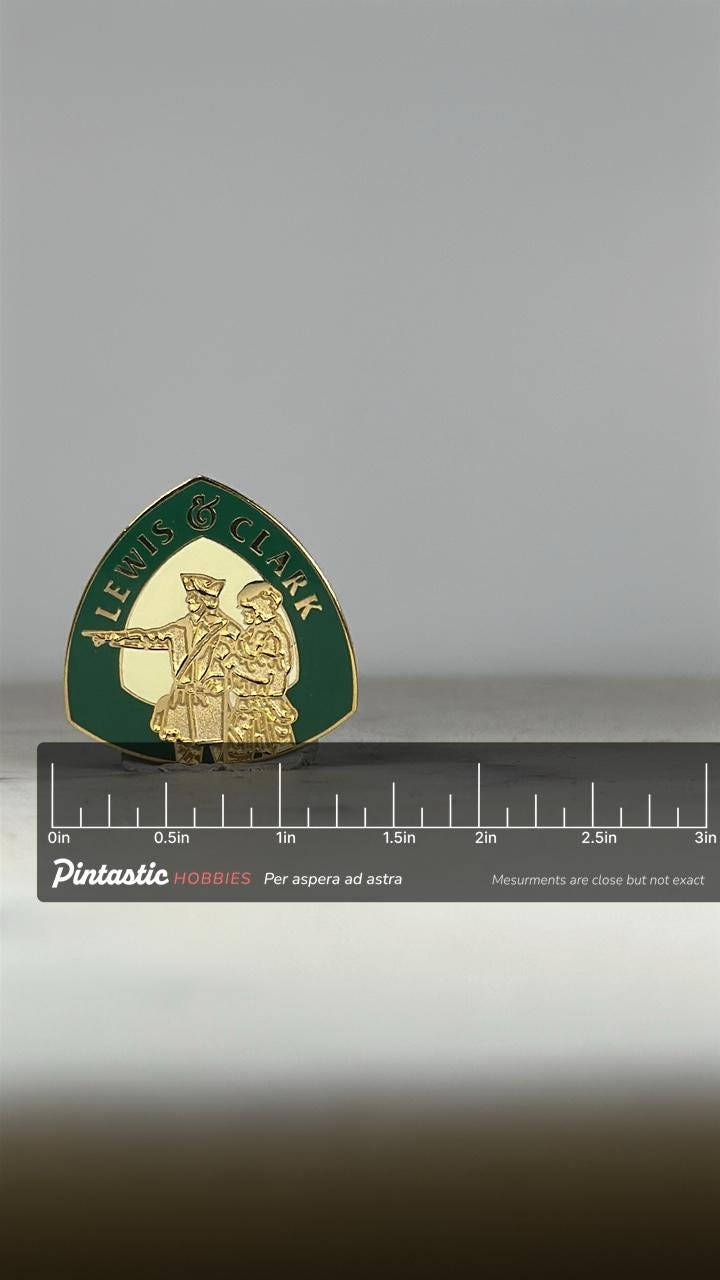 Lewis and Clark Enamel Pin: Gold & Green Finish - Historical Explorer Accessory with ruler overlay for size reference