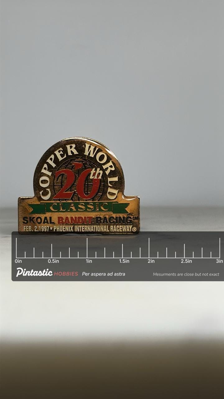 Copper World Classic Racing Pin: Gold & Red Enamel - 1997 Collectible Accessory with ruler overlay for size reference