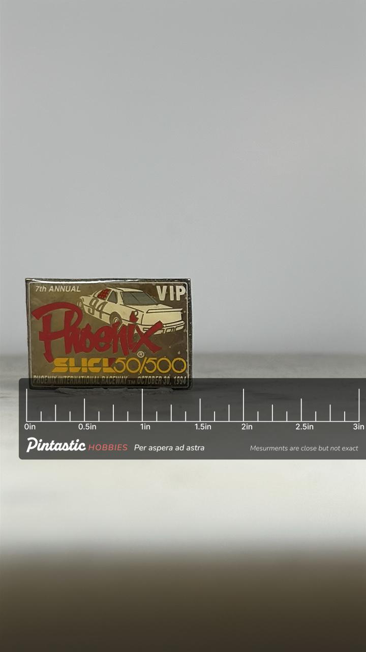 Phoenix Slick 50/500 Racing Pin: Red Yellow VIP Metal - 1994 NASCAR Accessory with ruler overlay for size reference