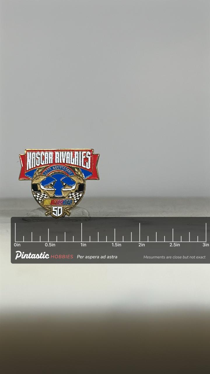 NASCAR Rivalries Enamel Pin: Red Blue Gold Finish - 50th Anniversary Accessory with ruler overlay for size reference