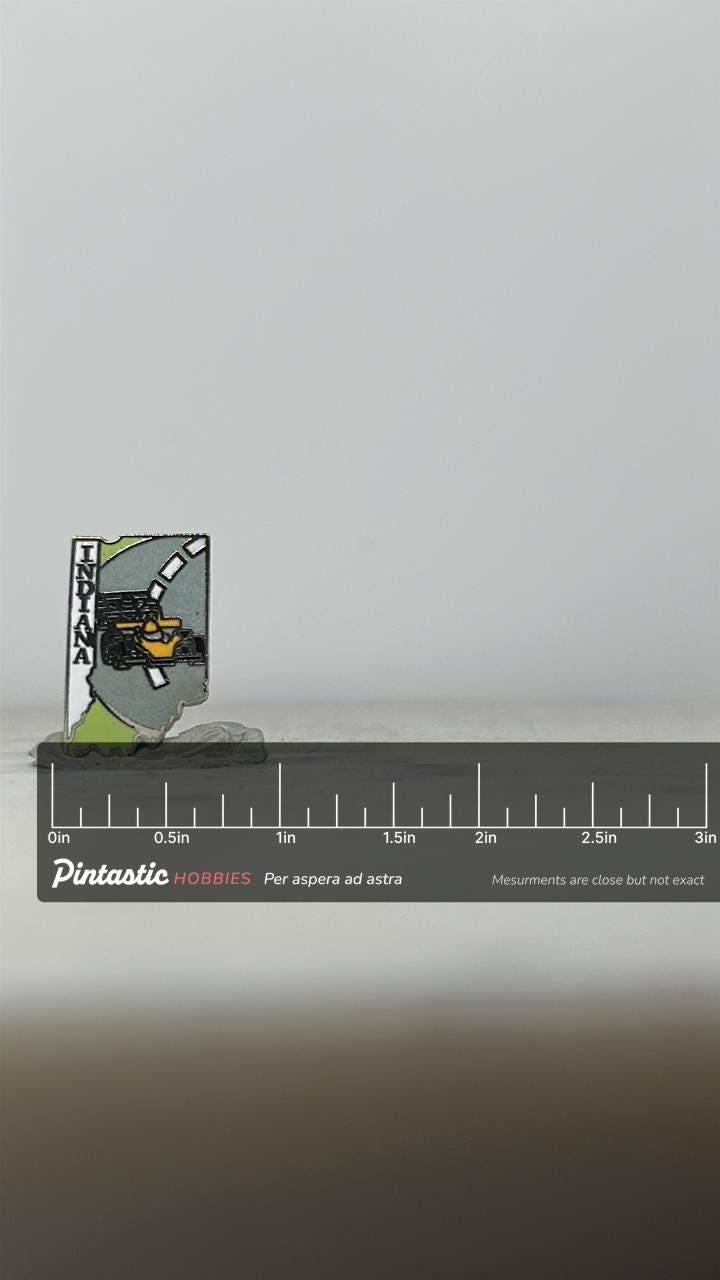 Indiana State Racing Pin: Racing Car Design - Vintage Travel Accessory with ruler overlay for size reference