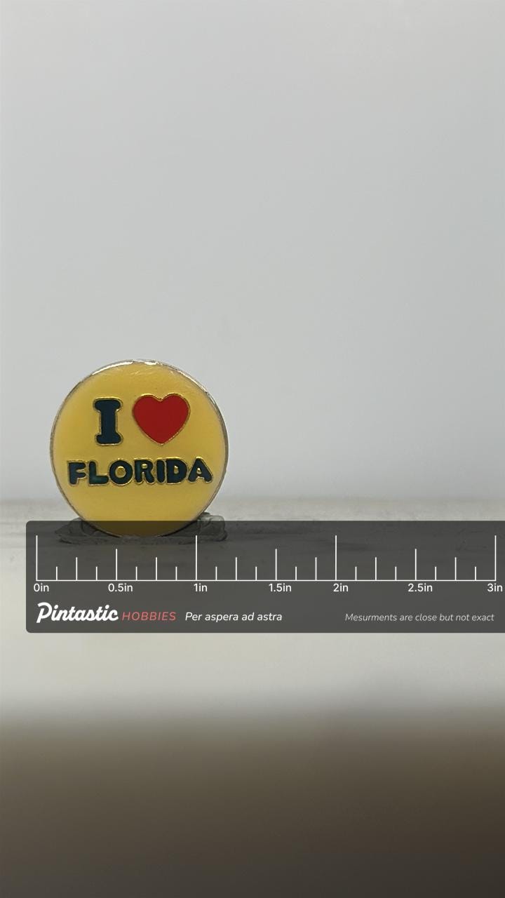 I Love Florida Enamel Pin: Yellow Red Blue Finish - Retro Tourist Accessory with ruler overlay for size reference