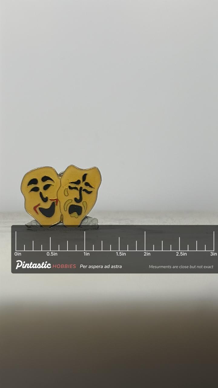 Drama Masks Enamel Pin: Yellow Comedy & Tragedy - Theater Arts Accessory with ruler overlay for size reference
