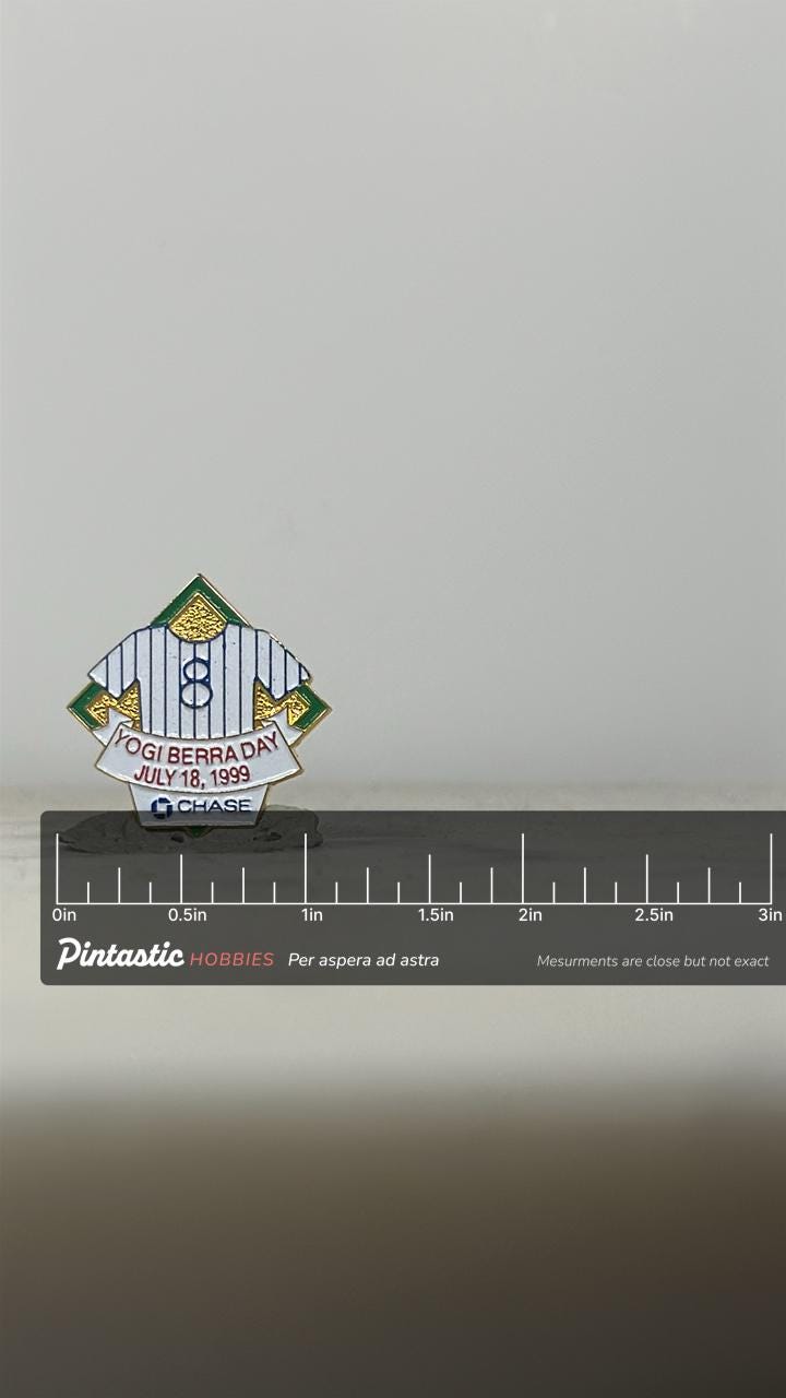Yogi Berra Day Baseball Pin: Enamel Commemorative - 1999 Sports Accessory with ruler overlay for size reference