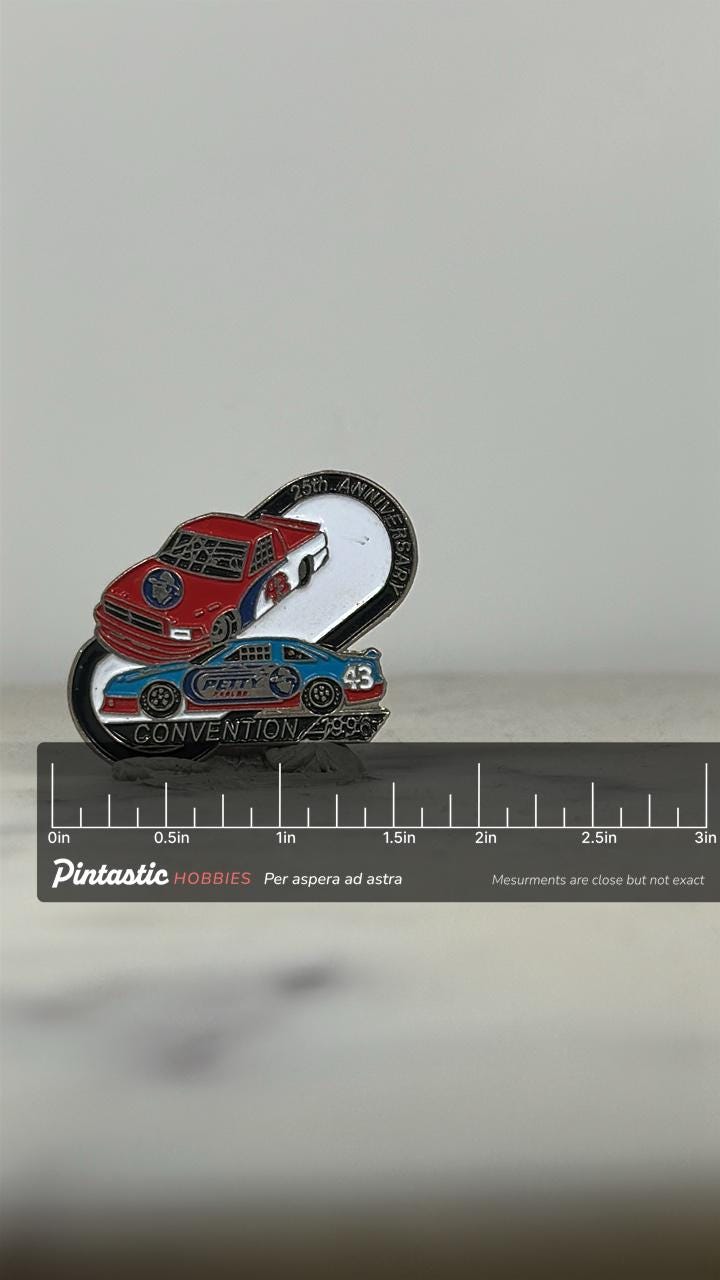 NASCAR Racing Enamel Pin: Petty Cars Red & Blue - 1996 Convention Accessory with ruler overlay for size reference