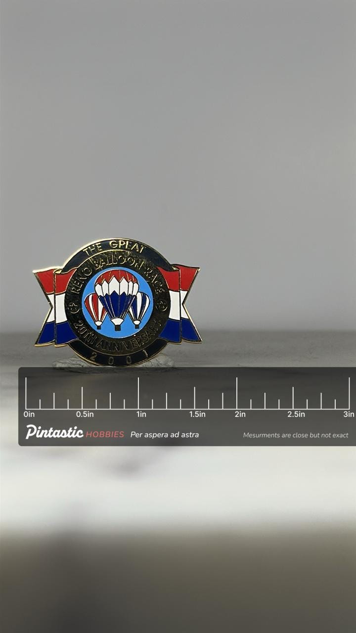 Reno Balloon Race Pin: Red White Blue Enamel - 2001 Anniversary Accessory with ruler overlay for size reference
