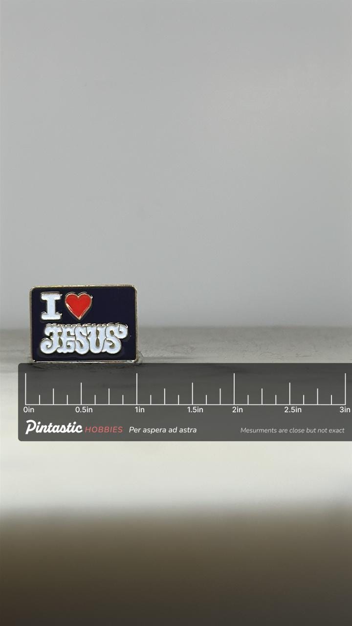 I Love Jesus Enamel Pin: Black Red White - Faith Religious Accessory with ruler overlay for size reference