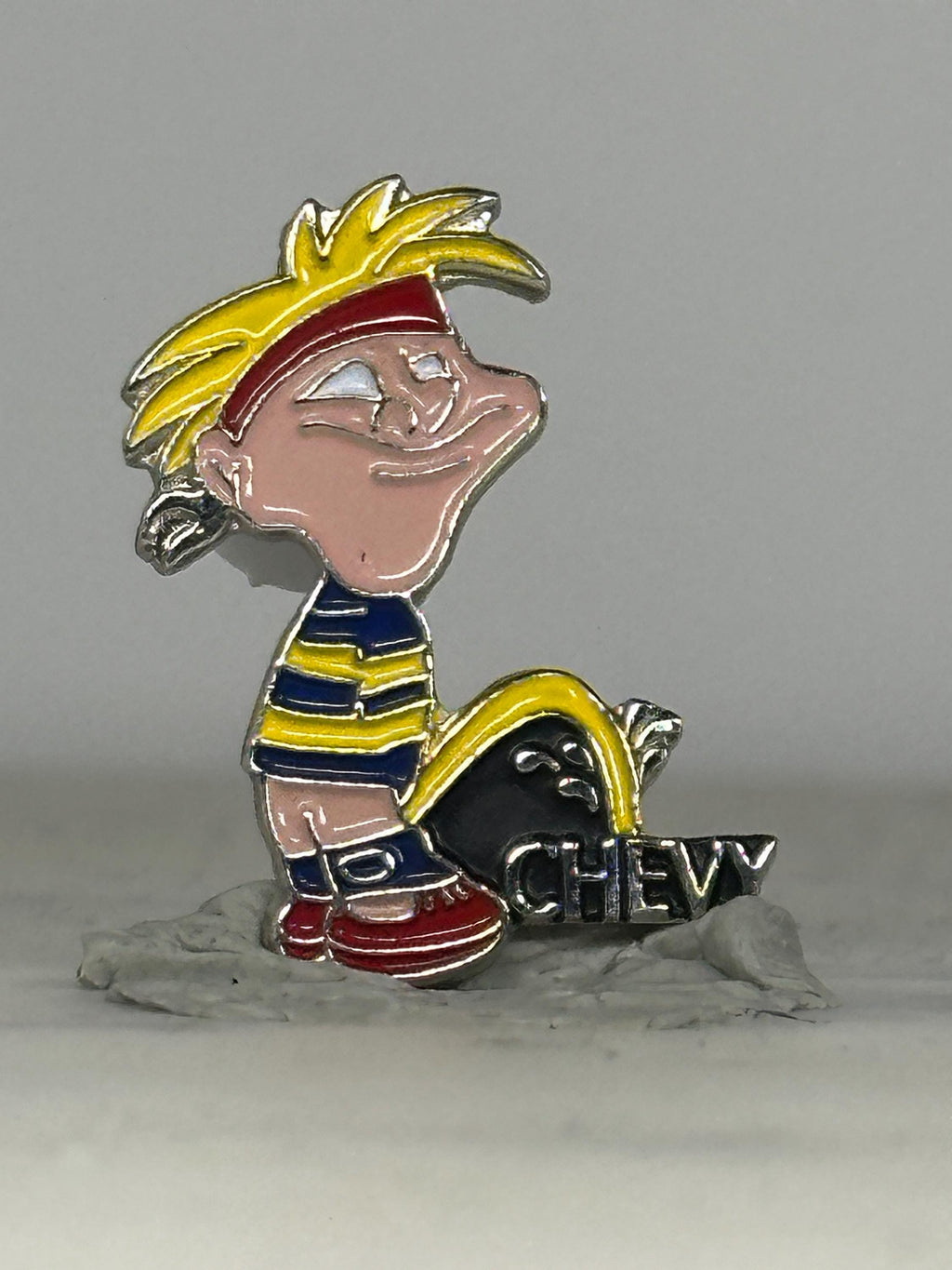 Calvin Peeing Chevy Enamel Pin: Cartoon Style - 90s Satire Accessory