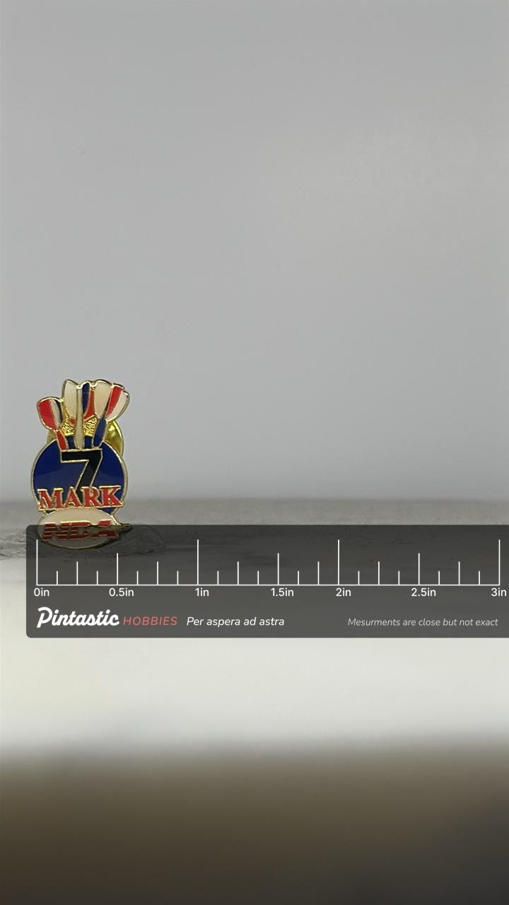 Vintage National Dart Association Mark 7 Pin – NDA Darts Achievement Enamel Lapel Pin with ruler overlay for size reference
