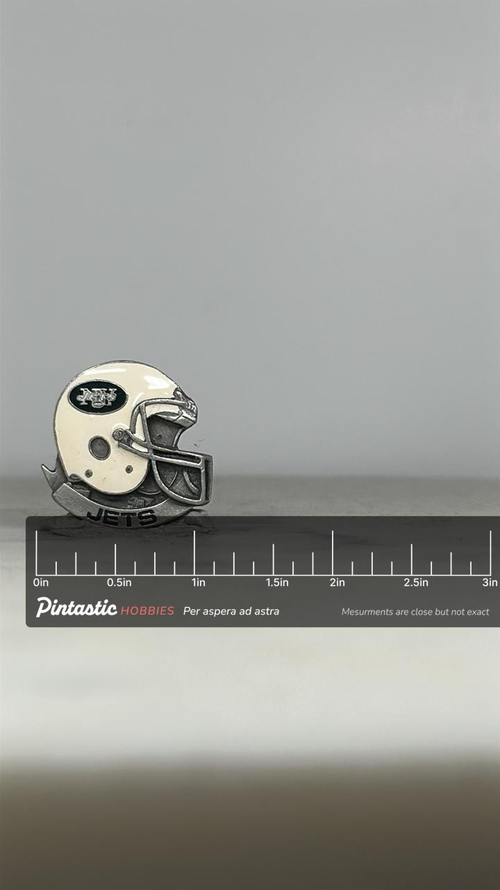 New York Jets Football Pin: Painted Pewter Helmet Design - Vintage Sports Accessory with ruler overlay for size reference
