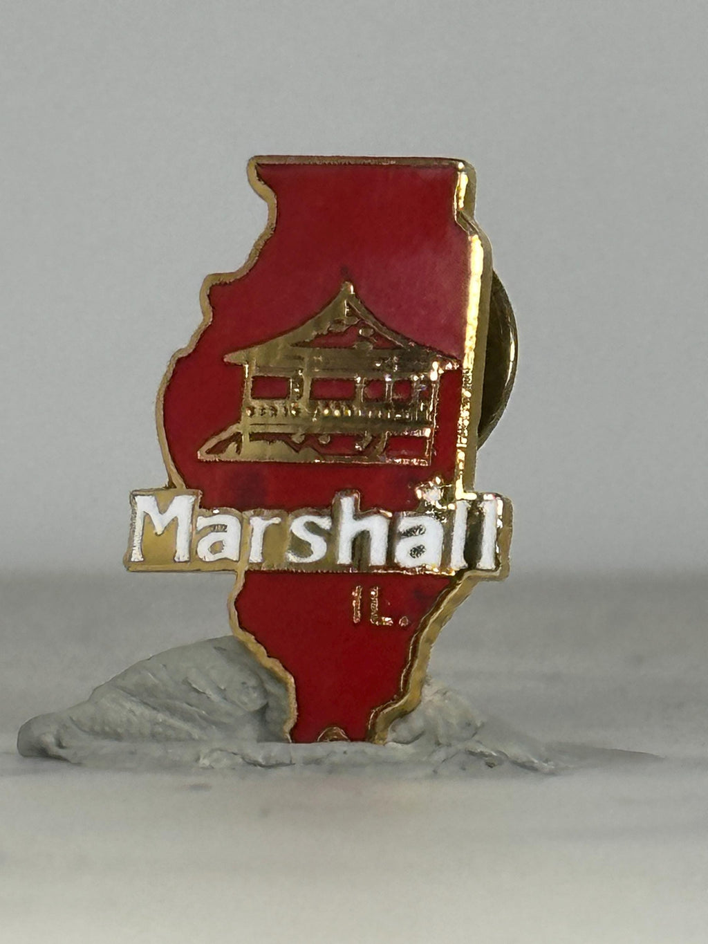 Marshall Illinois State Pin: Red Enamel Gold Trim - Vintage Travel Accessory