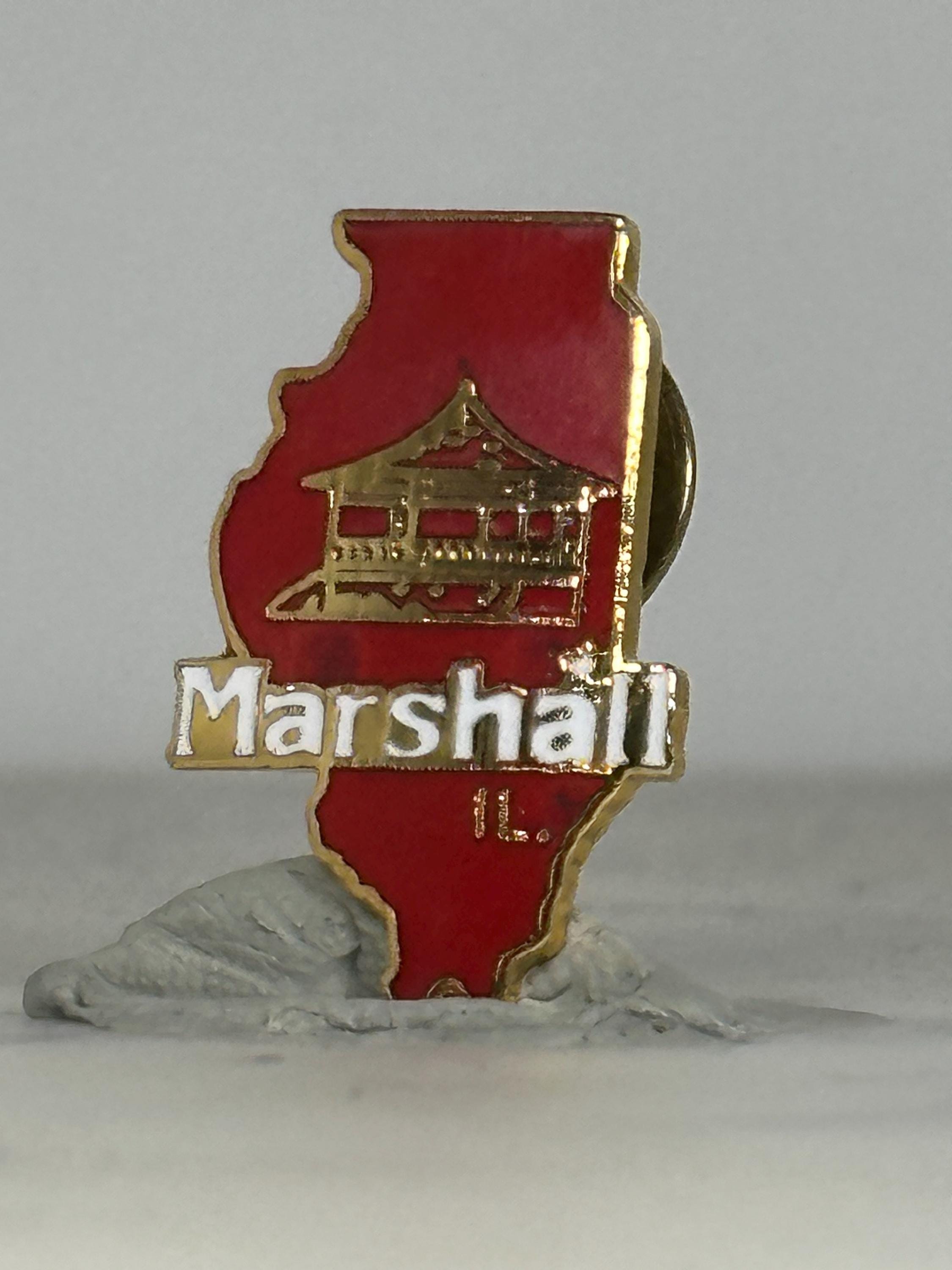 Marshall Illinois State Pin: Red Enamel Gold Trim - Vintage Travel Accessory