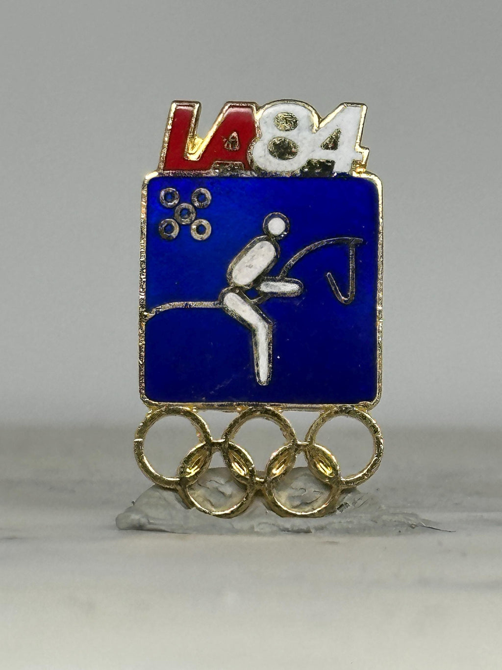 LA 1984 Pentathlon Olympic Pin: Blue Gold Enamel - Sports Accessory
