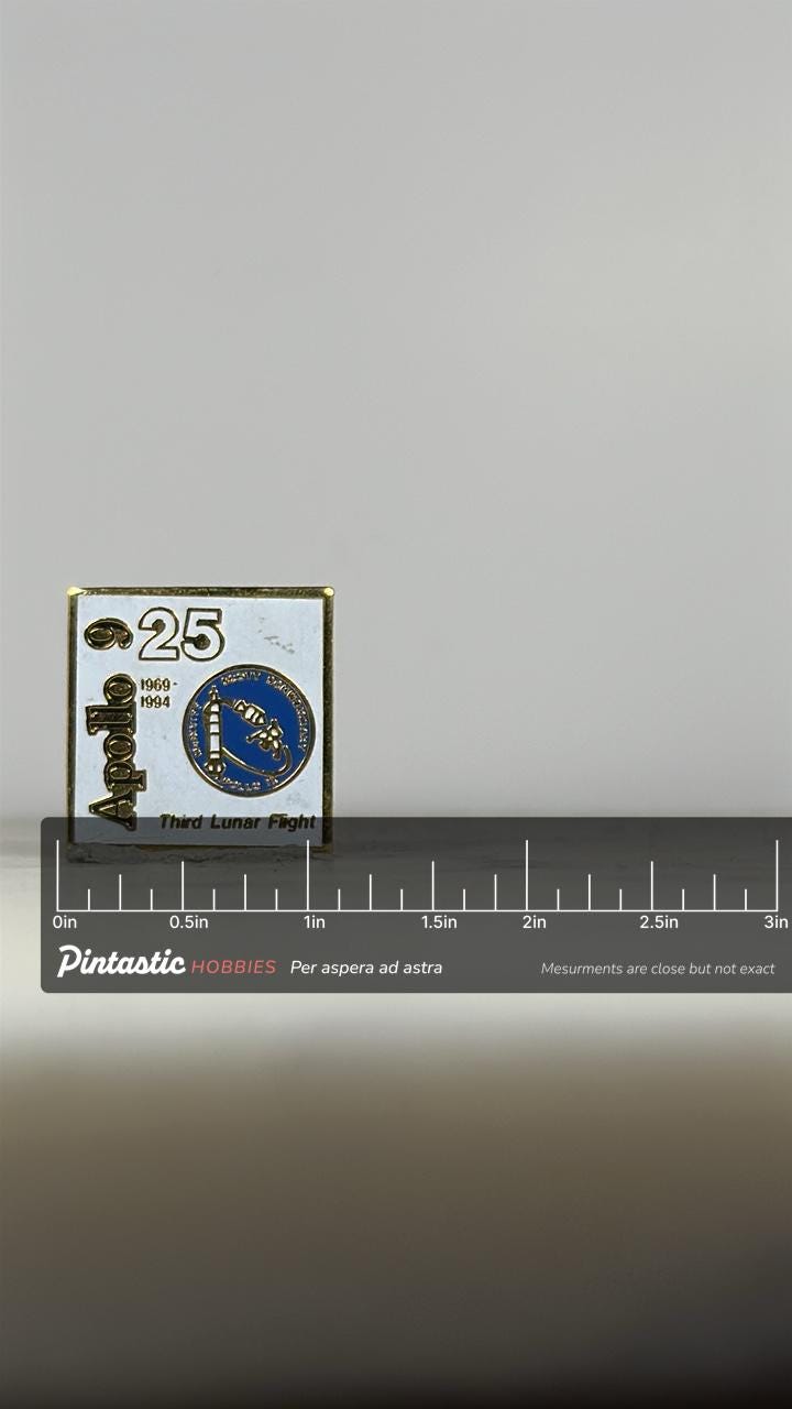 Apollo 9 Enamel Pin: Gold Trim Square - 25th Anniversary Accessory with ruler overlay for size reference