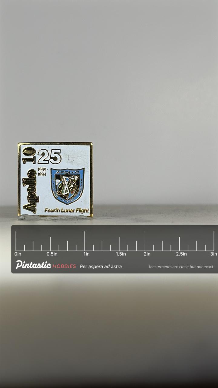 Apollo 10 Enamel Pin: Gold Trim Square - 25th Anniversary Space Accessory with ruler overlay for size reference