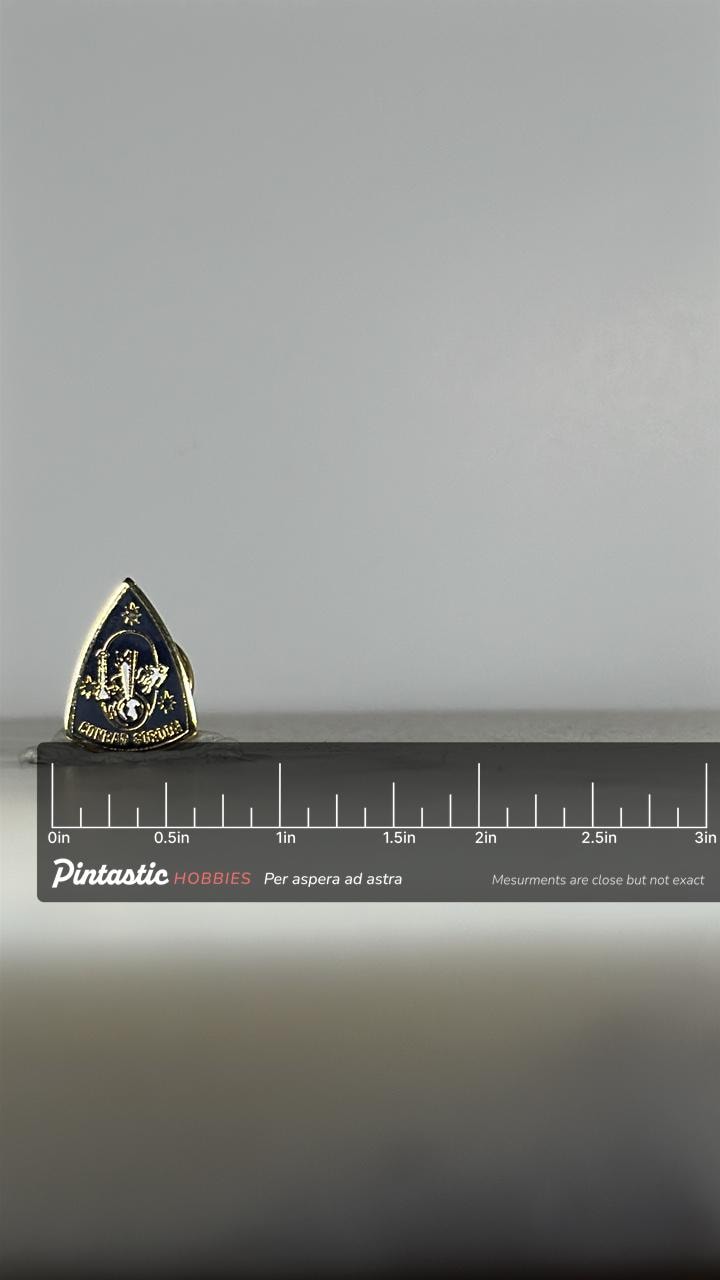 Conrad Gordon NASA Space Pin: Gold & Navy Enamel - Vintage Space Accessory with ruler overlay for size reference