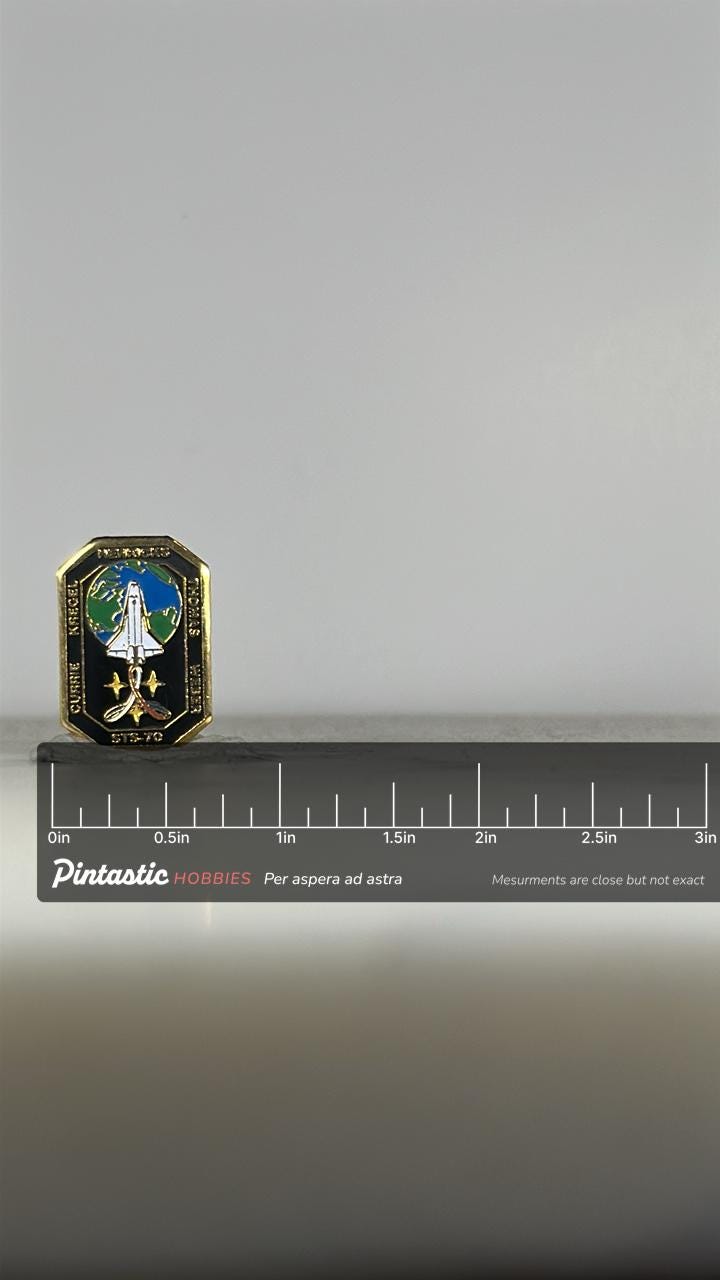 NASA STS-70 Mission Pin: Gold Trim Enamel - 1990s Space Shuttle Accessory with ruler overlay for size reference